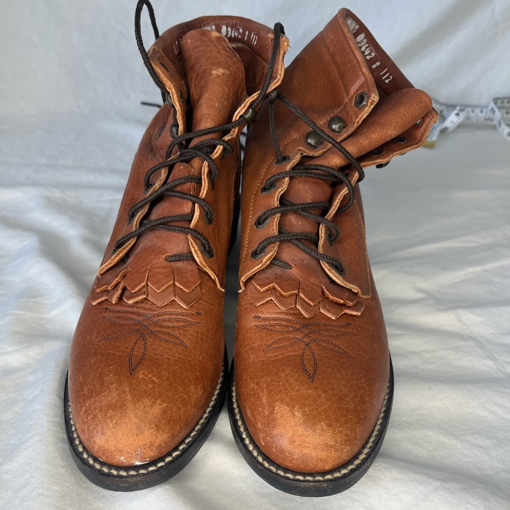 Western Tony Lama Tan Ol’ Buck Lace Up Tan Leather Ankle Boots Kiltie fringe ‘01 - Picture 2 of 16